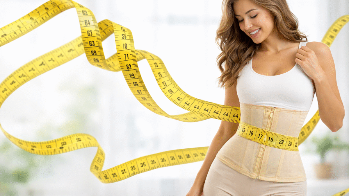 Mulher usando cinta modeladora com fita métrica na cintura