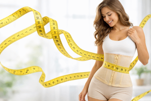 Mulher usando cinta modeladora com fita métrica na cintura