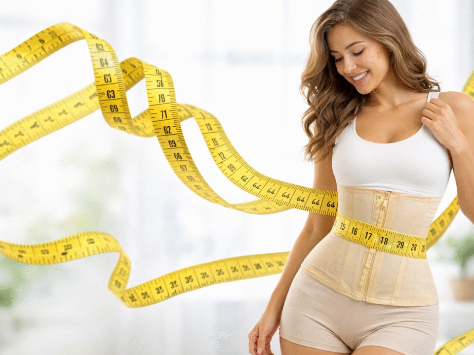 Mulher usando cinta modeladora com fita métrica na cintura