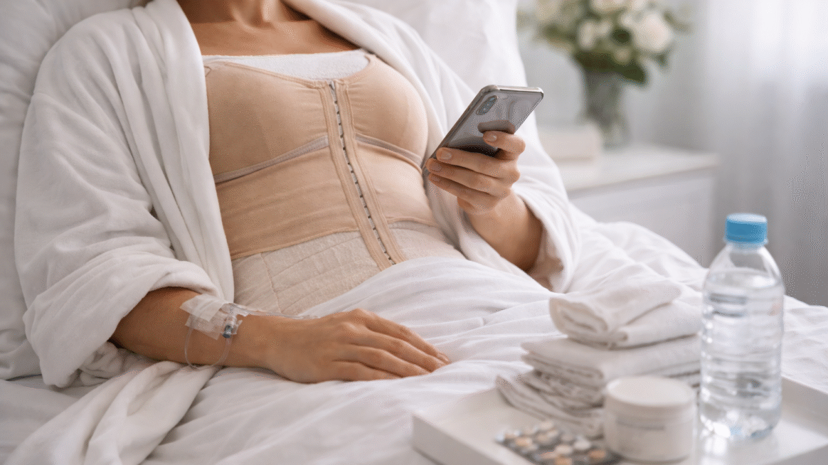 Mulher em recuperação usando cinta pós-cirúrgica de compressão