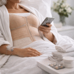 Mulher em recuperação usando cinta pós-cirúrgica de compressão