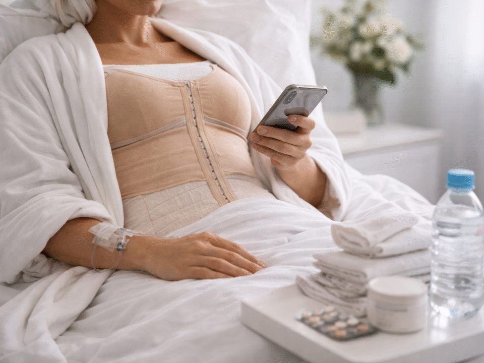 Mulher em recuperação usando cinta pós-cirúrgica de compressão